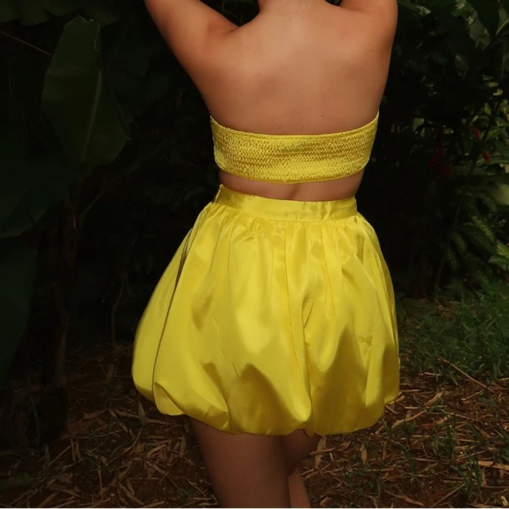 Yellow Satin Strapless Crop Top & Skirt Set - Picture 2 of 3